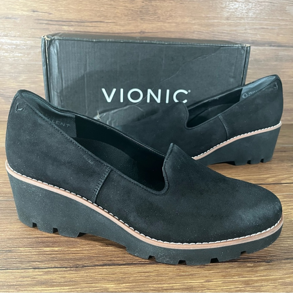 VIONIC ‘Willa’ Black Suede Wedge Loafers Women’s NEW Shoes Slip-On